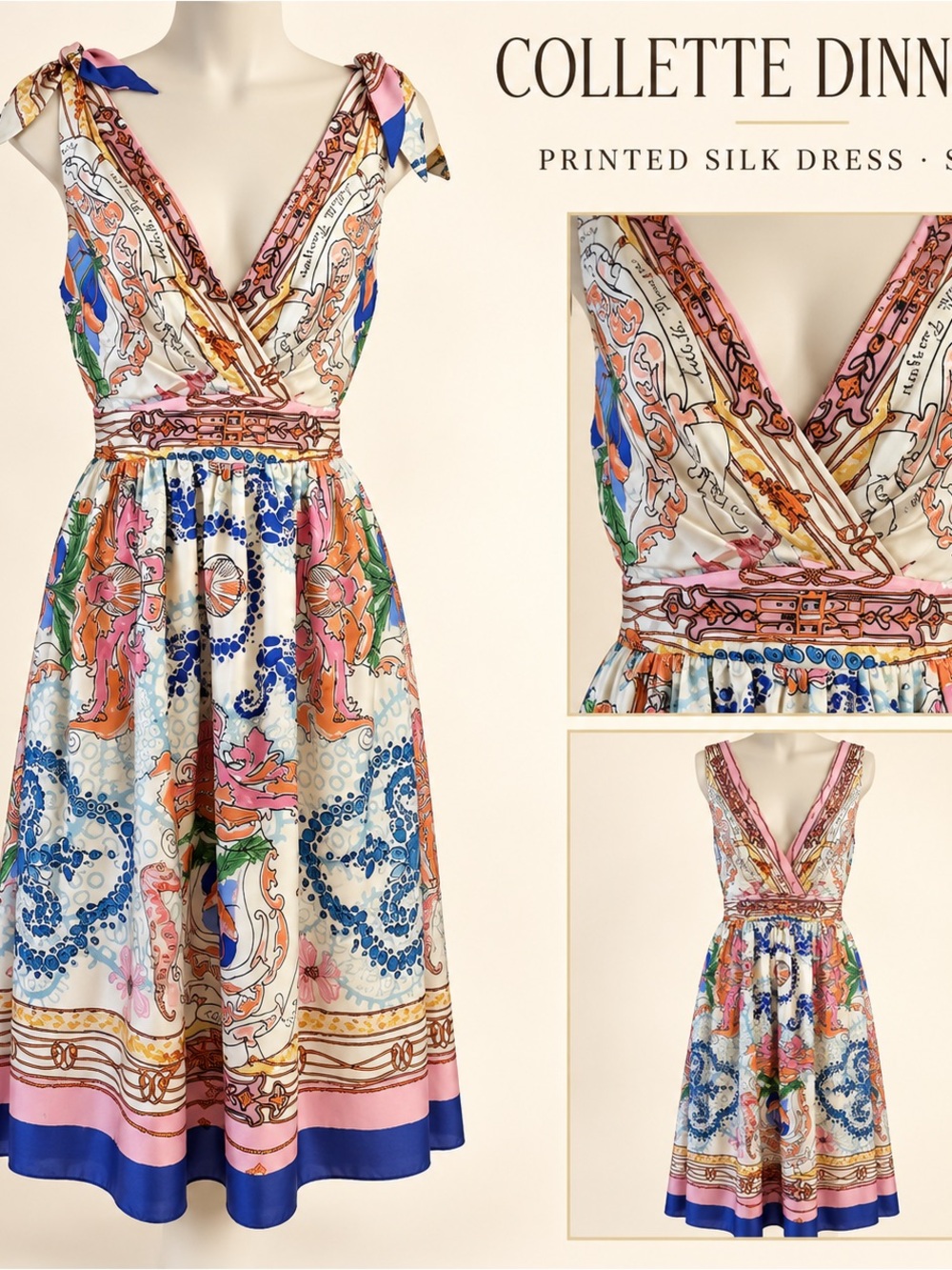 Collette Dinnigan 100% Silk Scarf Print V-Neck Midi Dress Size 4